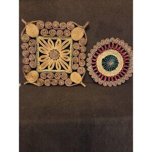 Pair Vintage Woven Wicker Rattan Raffia Trivets Hot Pads